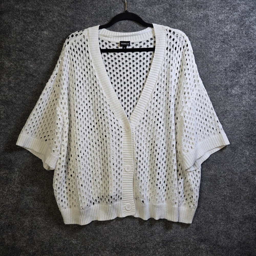 Torrid Cardigan Women 4X White Crochet Knit V Neck Cropped Short Sleeve